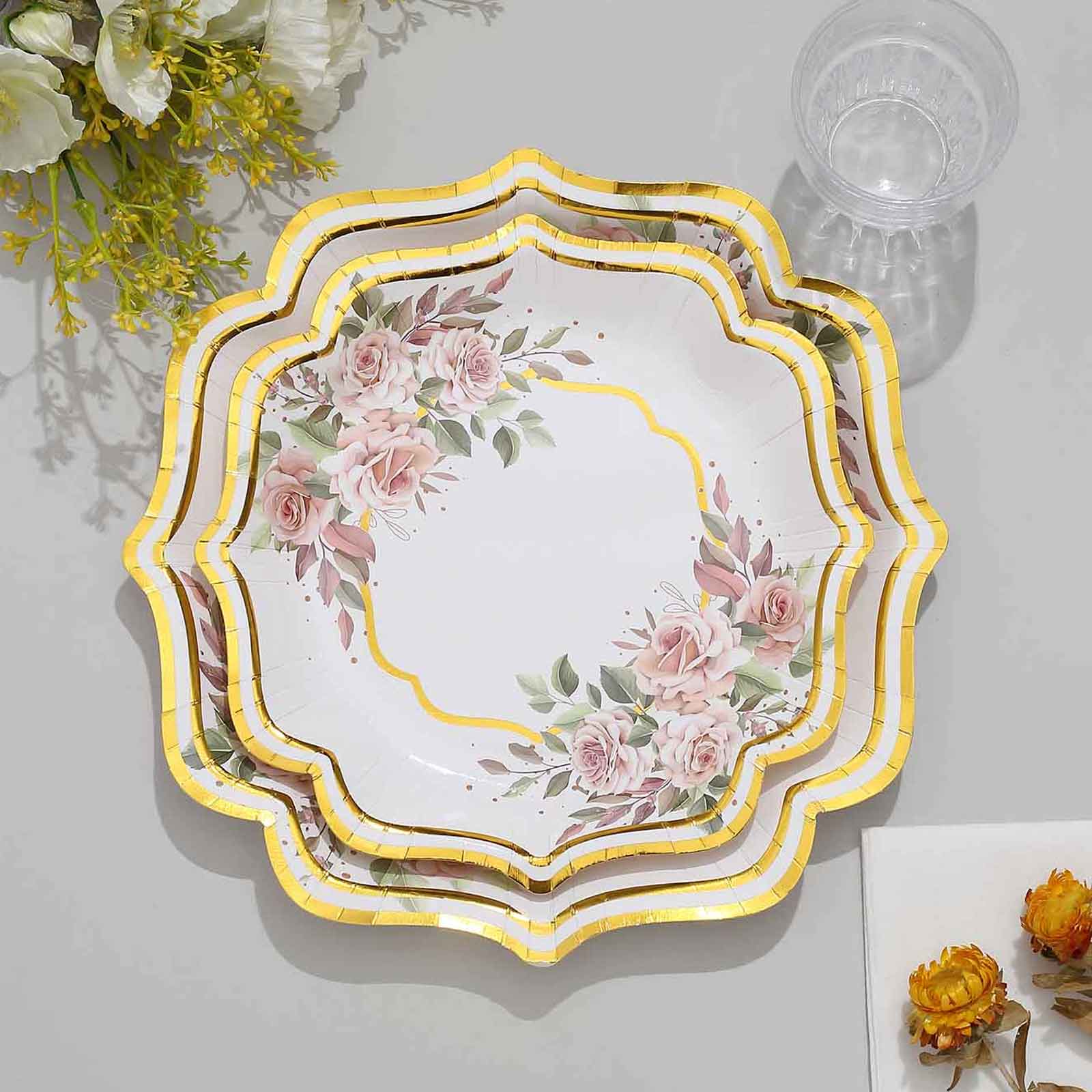 25-Pack Paper 8" Dessert Plates in White with Floral Print & Gold Scallop Rim - Disposable 300GSM Appetizer Salad Plates for Cocktail Events & Receptions