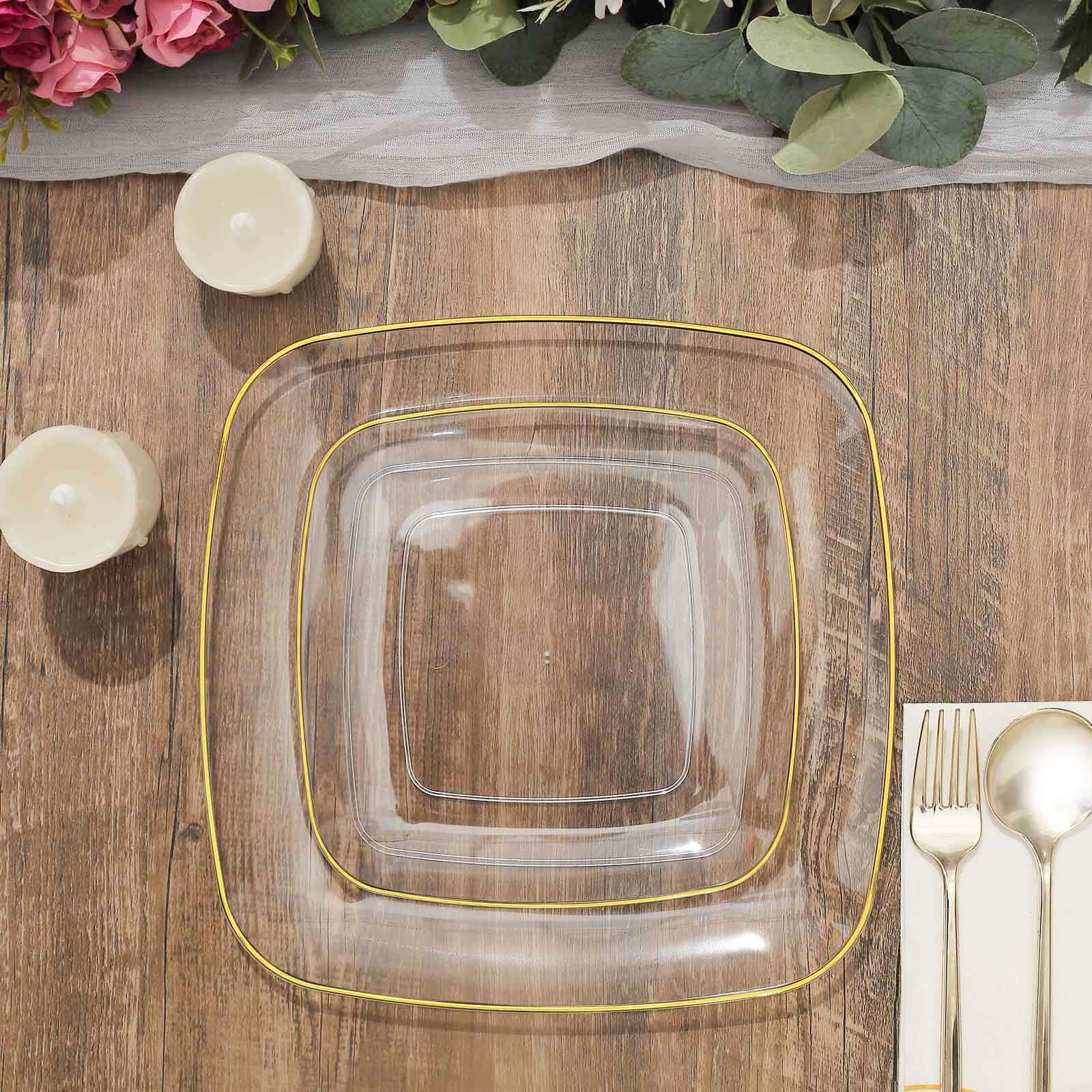10-Pack Plastic 10" Square Dinner Plates in Clear with Gold Rim - Classy Disposable Lunch Party Plates