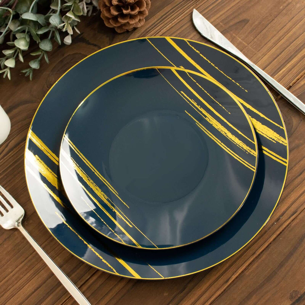 10-Pack Plastic 7" Round Dessert Plates in Navy Blue with Gold Brush Stroked Print - Disposable Appetizer Salad Plates
