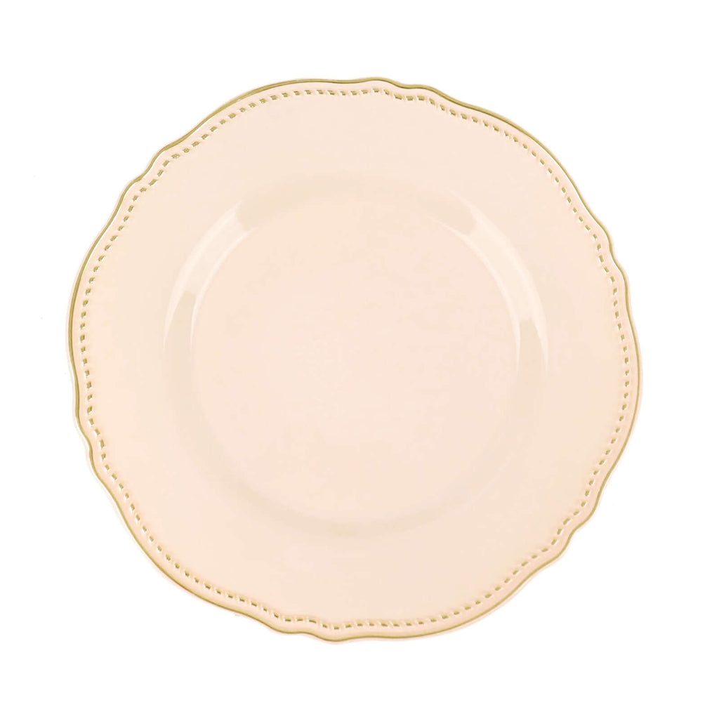 10-Pack Plastic 10" Dinner Plates in Nude with Gold Scalloped Rim - Disposable Large Party Plates