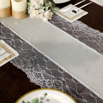 Faux Burlap Jute 16"x108" Table Runner Ivory With White Lace Edging - Rustic Farmhouse Table Linen