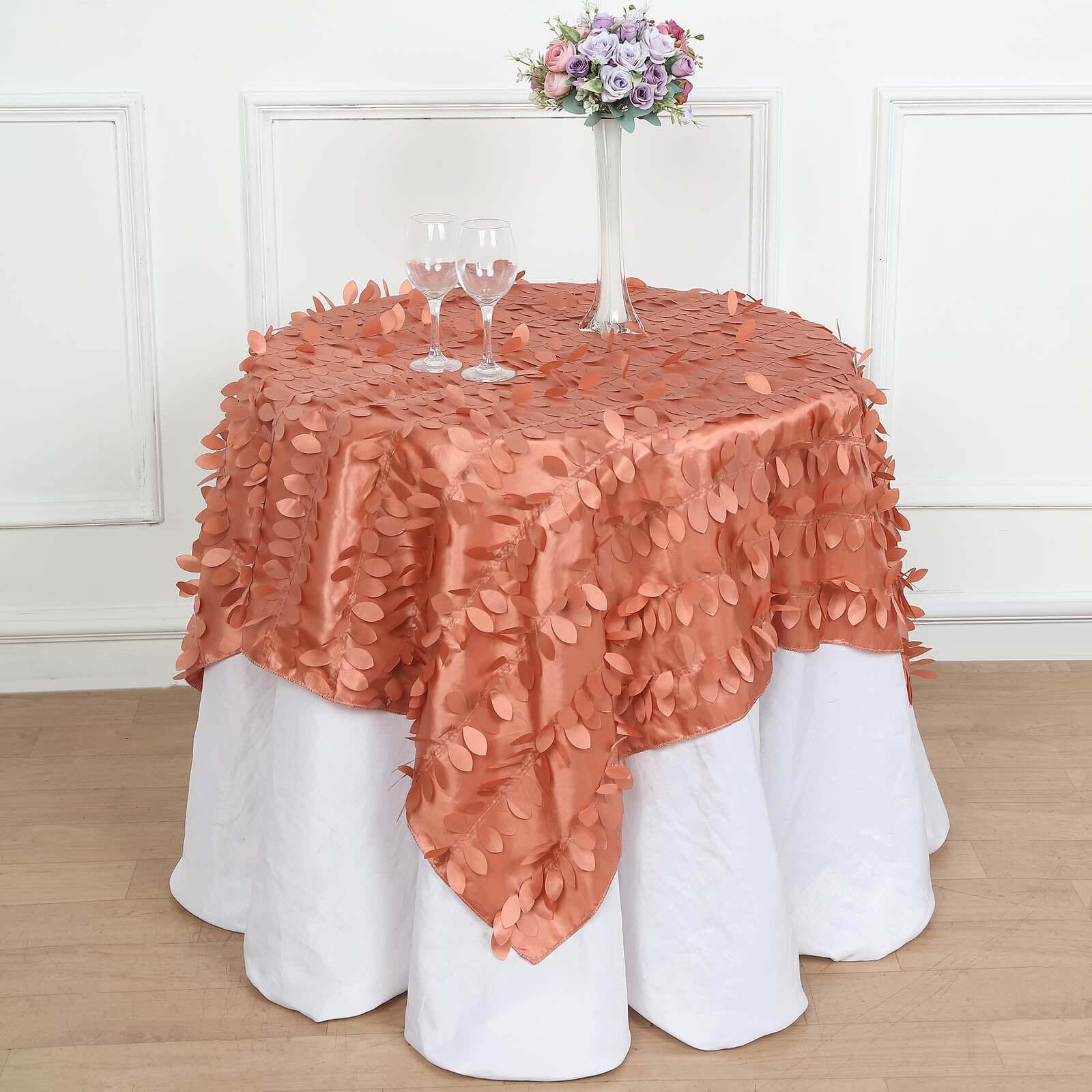 Taffeta 54"x54" Table Overlay Square Tablecloth Terracotta (Rust) 3D Leaf Petal Table Cover