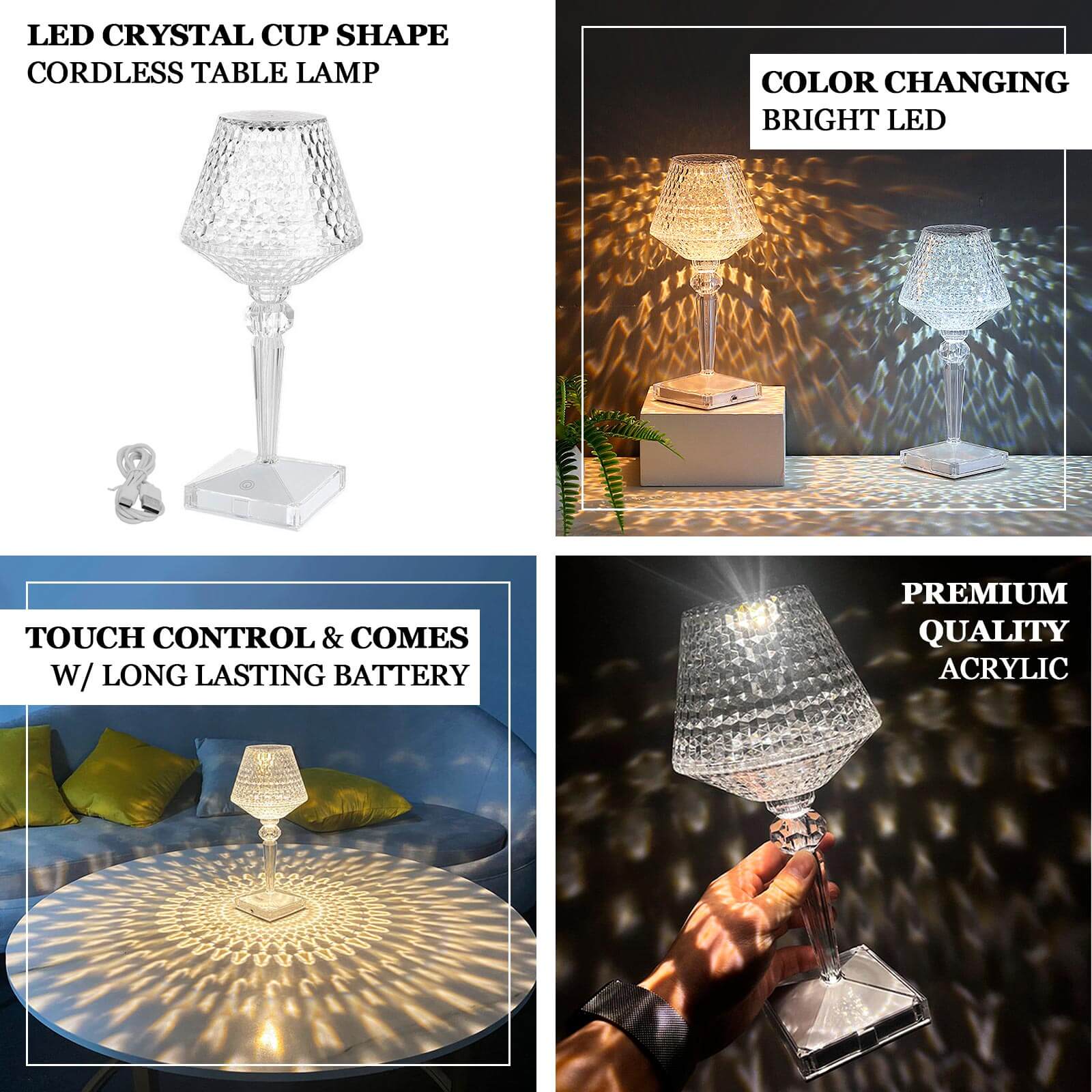 LED Acrylic Table Lamp Cup Shape Design Color Changing - Rechargeable Cordless Touch Control Accent Light 10" - Bell Racket Store