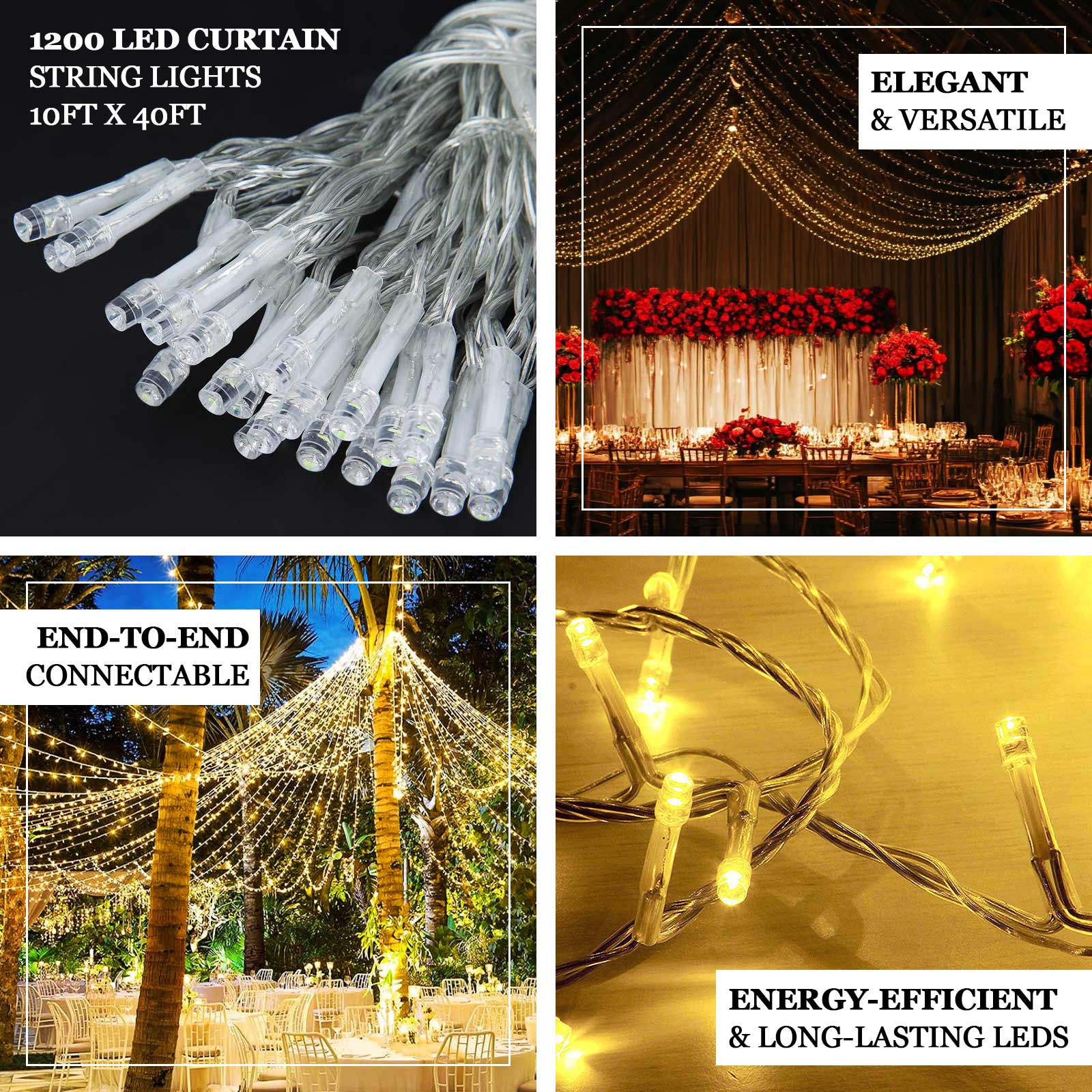 LED Curtain Fairy Lights 10ft x 40ft â€“ Warm White 1200 LED Plug - In String Lights, 8 Modes, End - to - End Connectable, Indoor/Outdoor Use - Bell Racket Store