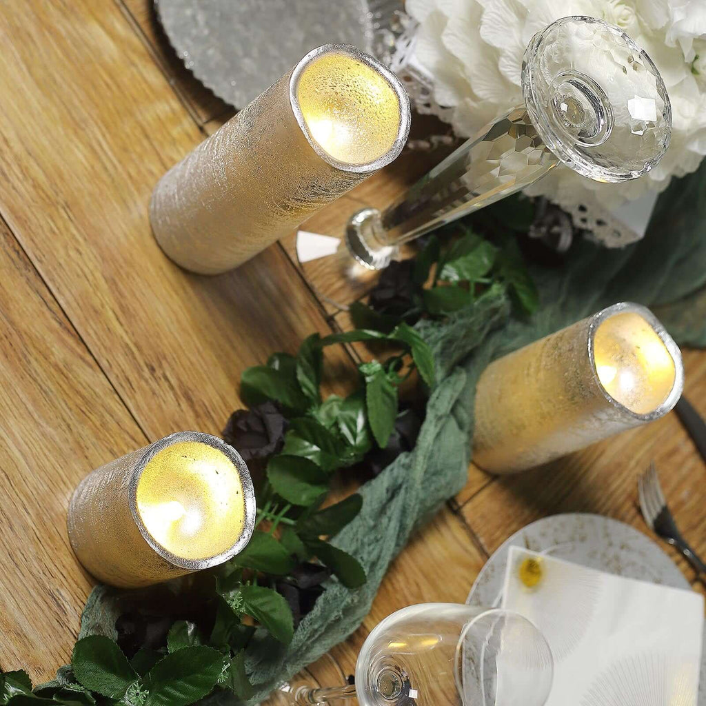 Set of 3 LED Flameless Pillar Candles Remote Operated Metallic Silver - Battery Powered 4", 6", 8"