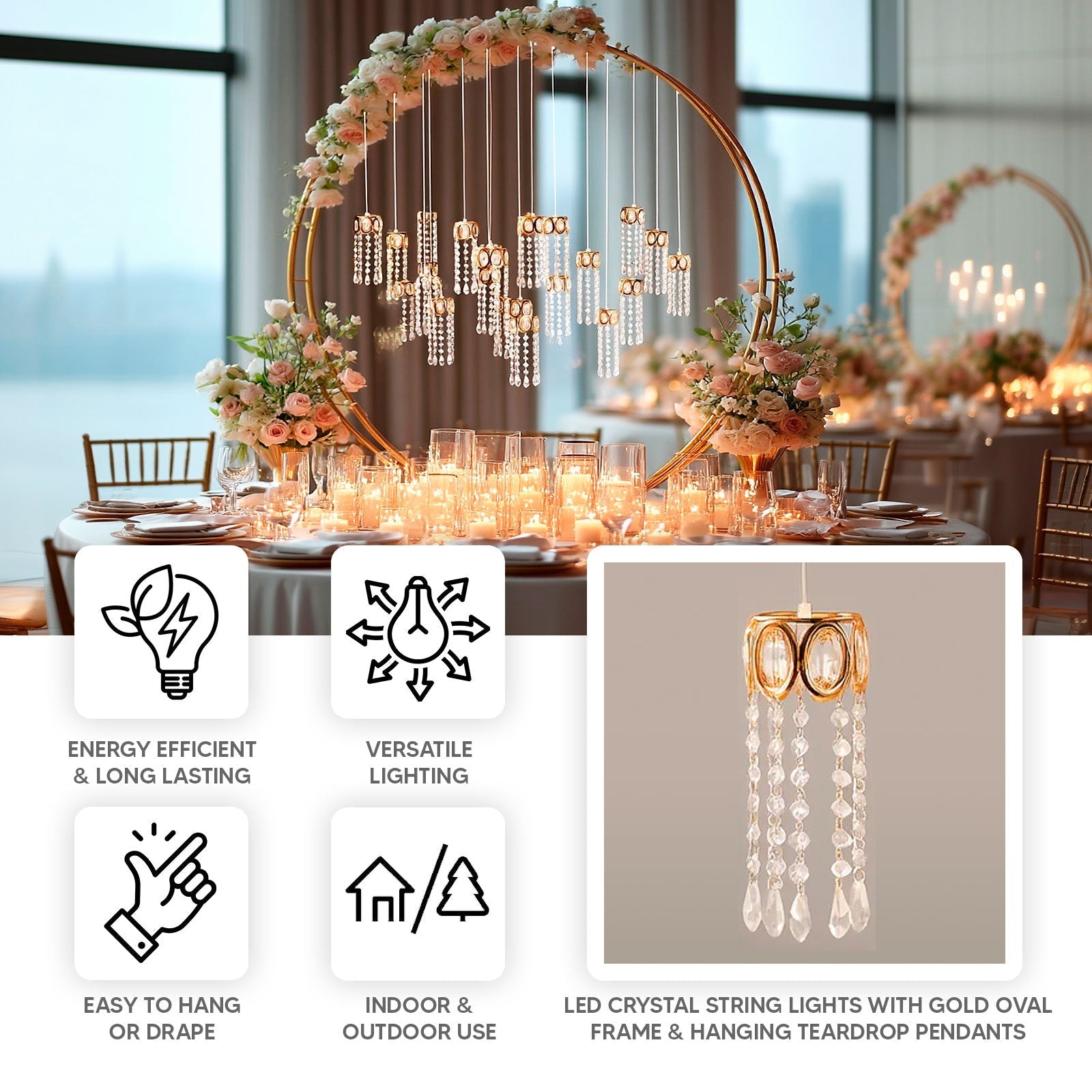 LED Hanging Crystal String Lights â€“ Gold Oval Frame with Teardrop Pendants, Warm White Plug - in Chandelier DÃ©cor - Bell Racket Store