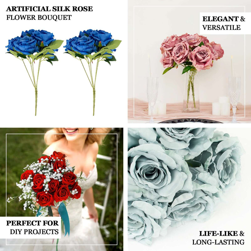 2 Bushes 17" White Premium Silk Jumbo Rose Flower Bouquet, High Quality Artificial Wedding Floral Arrangements