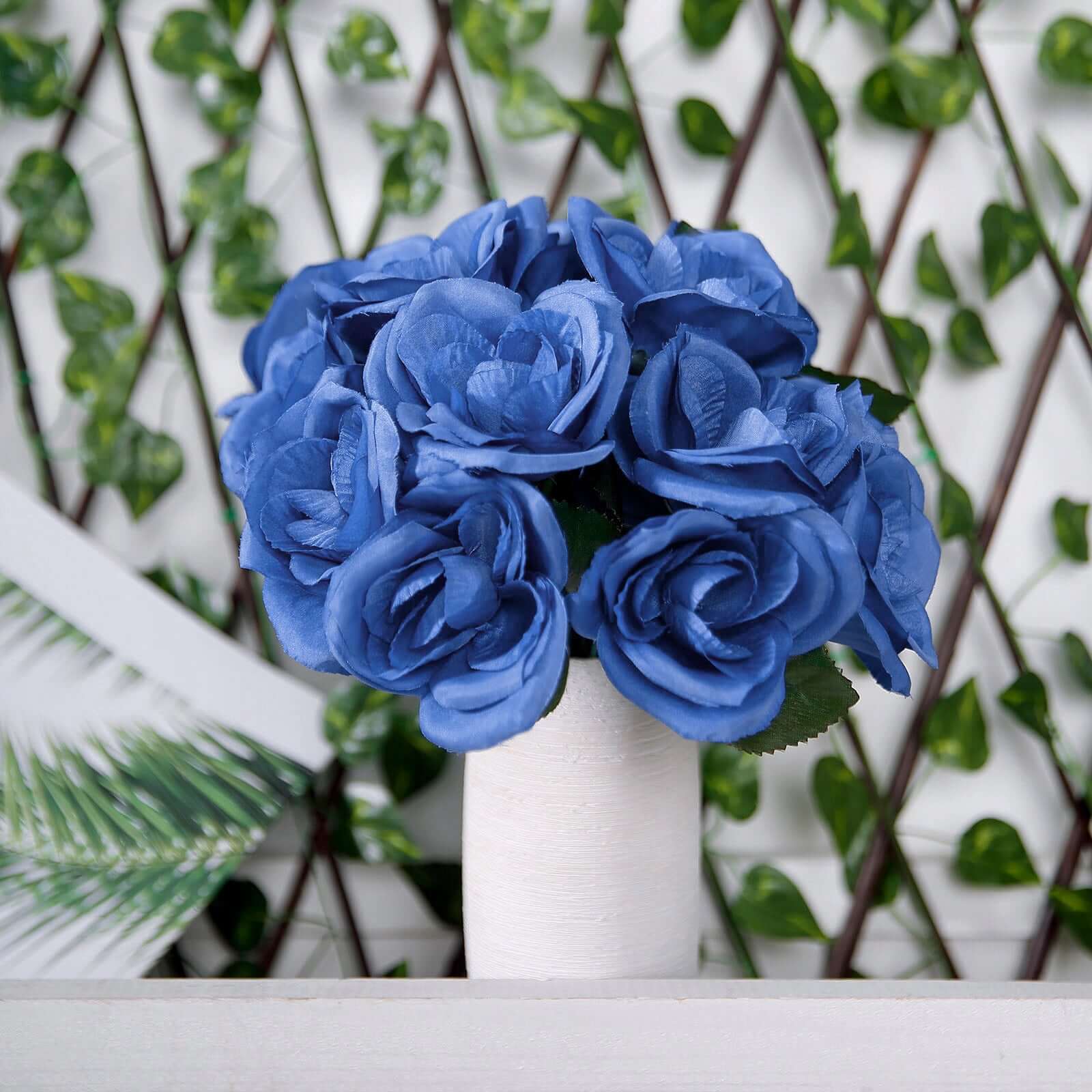 12" Royal Blue Artificial Velvet-Like Fabric Rose Flower Bouquet Bush