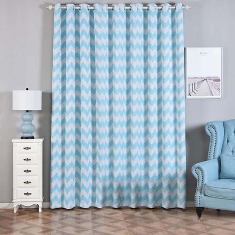 2 Pack White Light Blue Chevron Print Blackout Window Curtain Grommet Panels, Noise Canceling Curtains - 52"x108"
