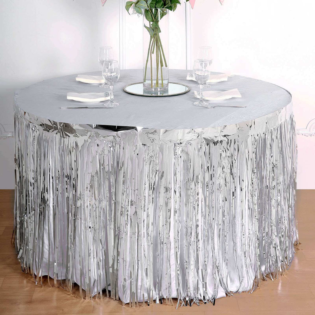 Metallic Foil Fringe Table Skirt Silver with Self Adhesive Backing - Durable Tinsel Skirt for Parties 30"x9ft