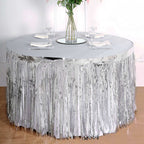 Metallic Foil Fringe Table Skirt Silver with Self Adhesive Backing - Durable Tinsel Skirt for Parties 30"x9ft