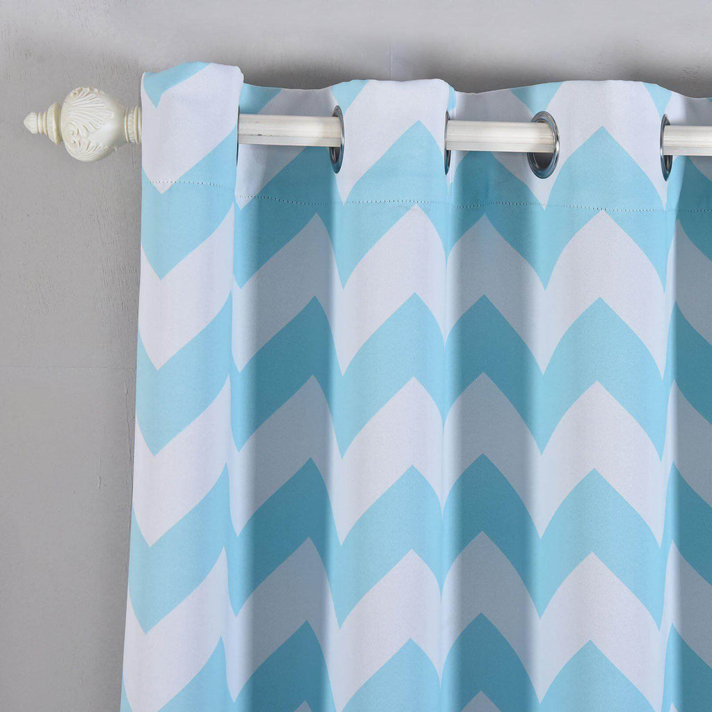 2 Pack White Light Blue Chevron Print Blackout Window Curtain Grommet Panels, Noise Canceling Curtains - 52"x108"