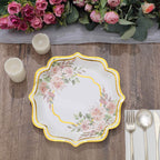 25-Pack Paper 10" Dinner Plates in White with Floral Print & Gold Scallop Rim - Disposable 300GSM Party Plates for Cocktail Events & Receptions