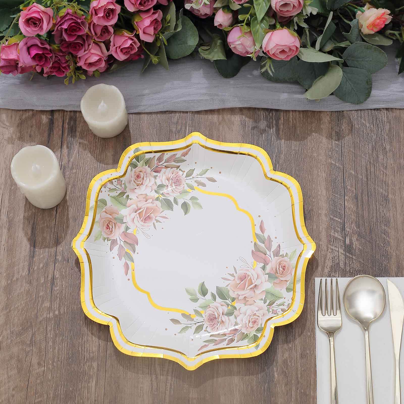 25-Pack Paper 10" Dinner Plates in White with Floral Print & Gold Scallop Rim - Disposable 300GSM Party Plates for Cocktail Events & Receptions