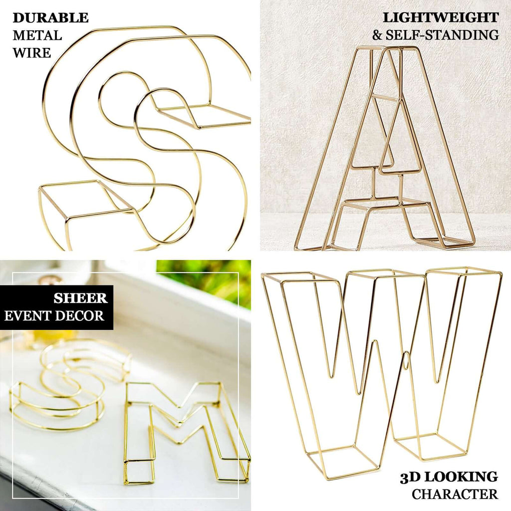 8" Tall Gold Freestanding 3D Decorative Wire Letter, Wedding Centerpiece - P