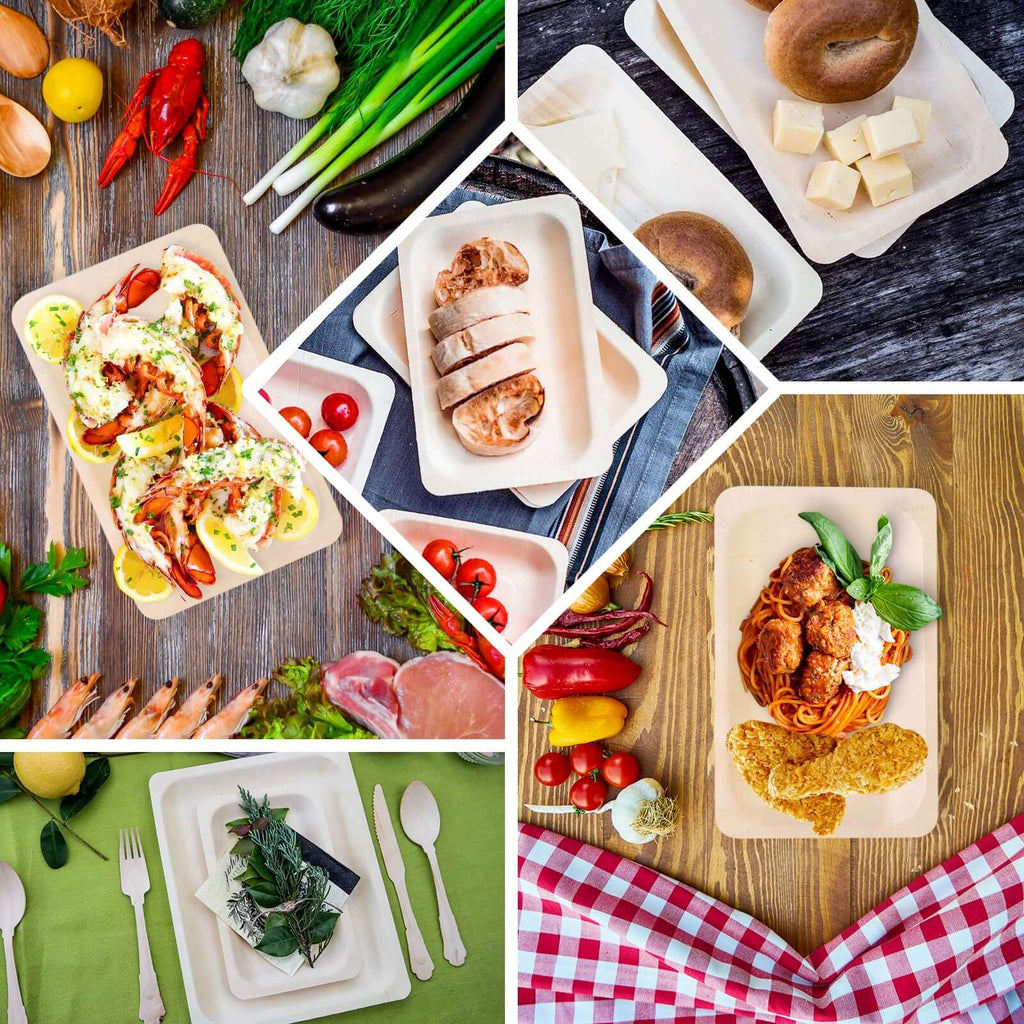 25-Pack Birchwood 5"x8" Rectangle Dessert Serving Plates - Natural Eco Friendly Wooden Disposable Plates for Farmhouse-Style Events, Parties & Gatherings