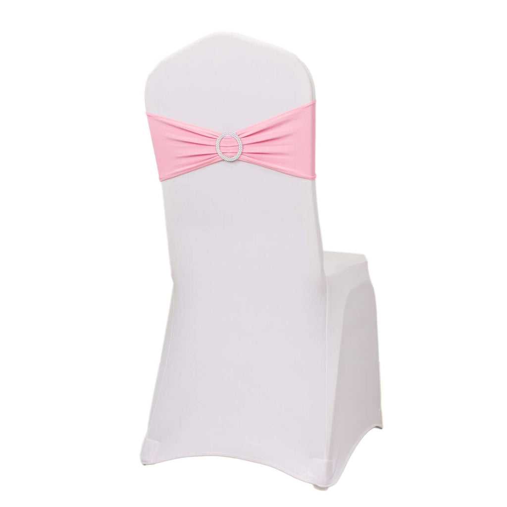 5 Pack Stretch Spandex Chair Sashes Pink - Reusable Chair Bands with Silver Diamond Ring Slide Buckle 5"x14"