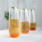 6 Pack Plastic Champagne Glasses in Clear with Gold Rim, Reusable Lightweight Champagne Flutes 9oz
