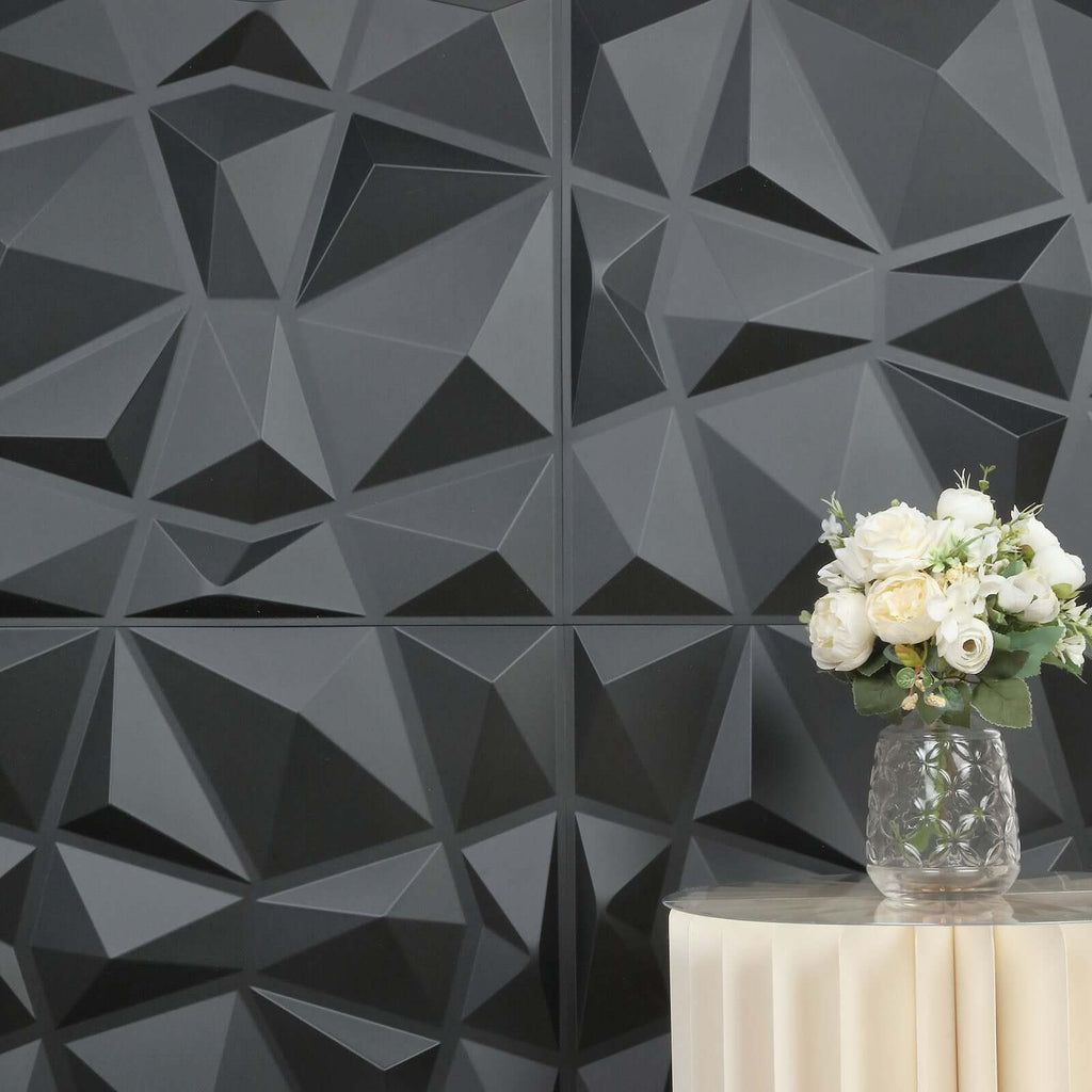 12 Pack 20"x20" Matte Black 3D Texture PVC Diamond Design Wall Tiles, Stick On Waterproof Wall Panels