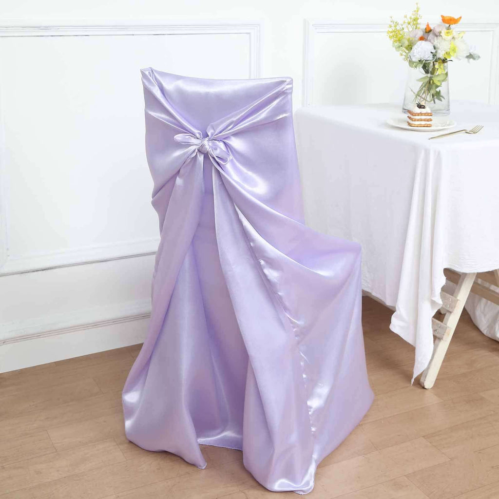 Satin Chair Cover Self-Tie Universal Design Lavender Lilac - Durable Slip-On Cover for Folding, Dining, Banquet & Standard Chairs