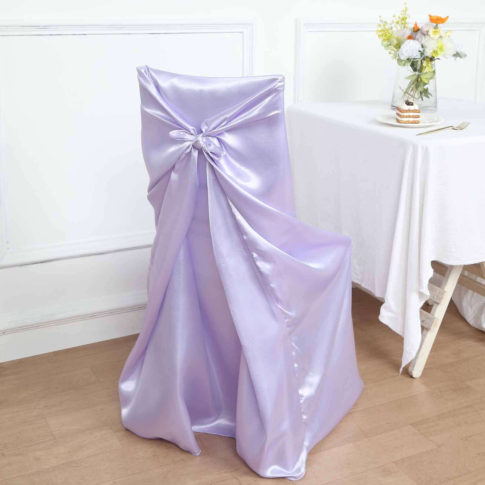 Satin Chair Cover Self-Tie Universal Design Lavender Lilac - Durable Slip-On Cover for Folding, Dining, Banquet & Standard Chairs