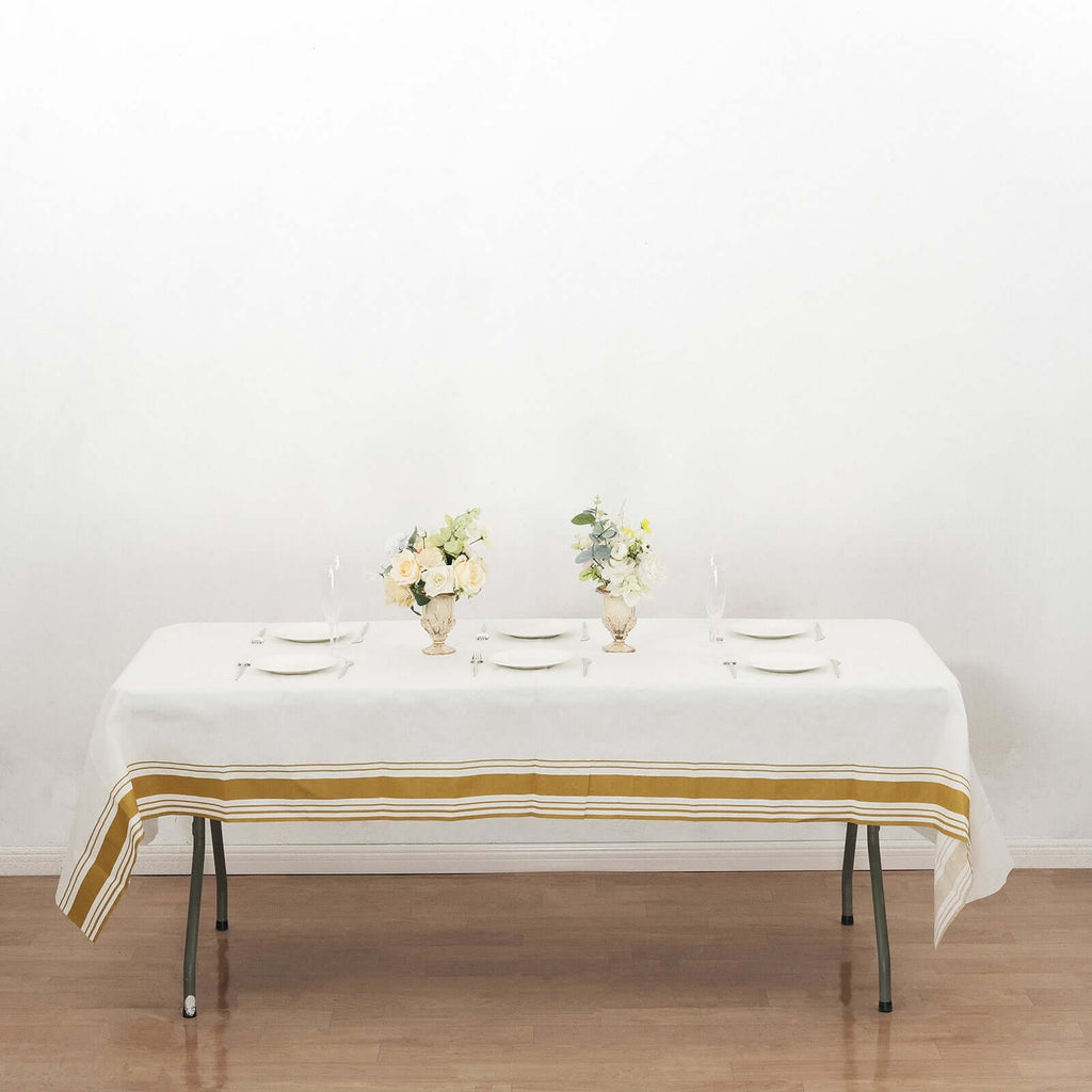 Linen - Like Paper 50"x108" Rectangle Tablecloth White - Disposable Airlaid Table Cover with Gold Striped Border - Bell Racket Store