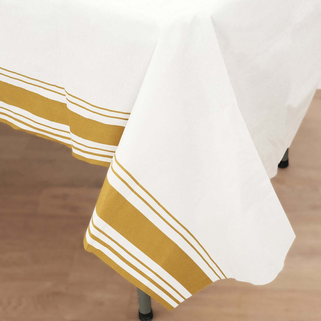 Linen - Like Paper 50"x108" Rectangle Tablecloth White - Disposable Airlaid Table Cover with Gold Striped Border - Bell Racket Store