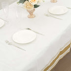 Linen - Like Paper 50"x108" Rectangle Tablecloth White - Disposable Airlaid Table Cover with Gold Striped Border - Bell Racket Store