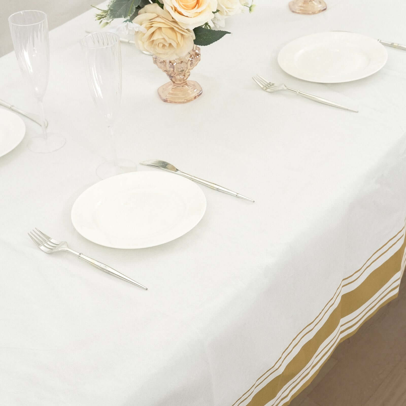 Linen - Like Paper 50"x108" Rectangle Tablecloth White - Disposable Airlaid Table Cover with Gold Striped Border - Bell Racket Store
