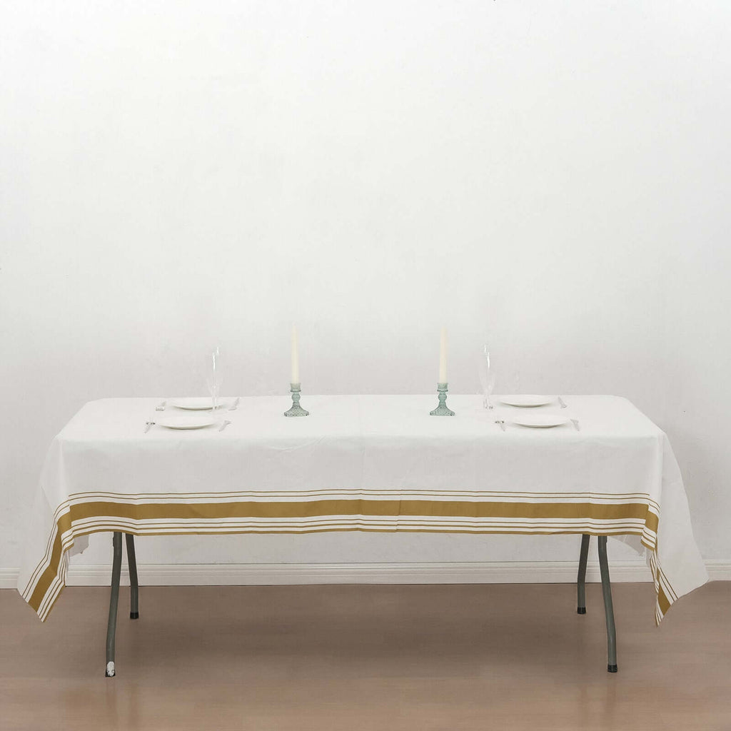 Linen - Like Paper 50"x108" Rectangle Tablecloth White - Disposable Airlaid Table Cover with Gold Striped Border - Bell Racket Store