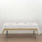 Linen - Like Paper 50"x108" Rectangle Tablecloth White - Disposable Airlaid Table Cover with Gold Striped Border - Bell Racket Store