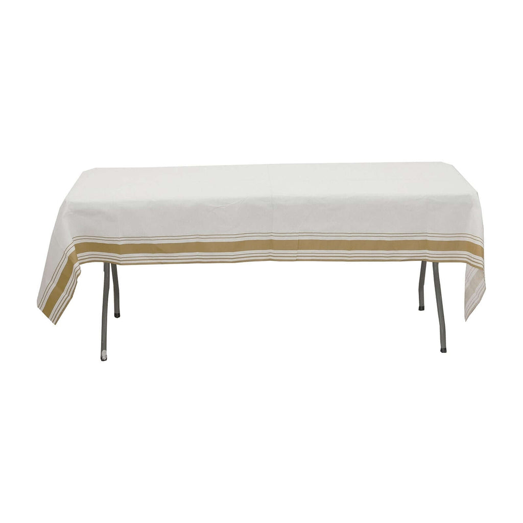 Linen - Like Paper 50"x108" Rectangle Tablecloth White - Disposable Airlaid Table Cover with Gold Striped Border - Bell Racket Store