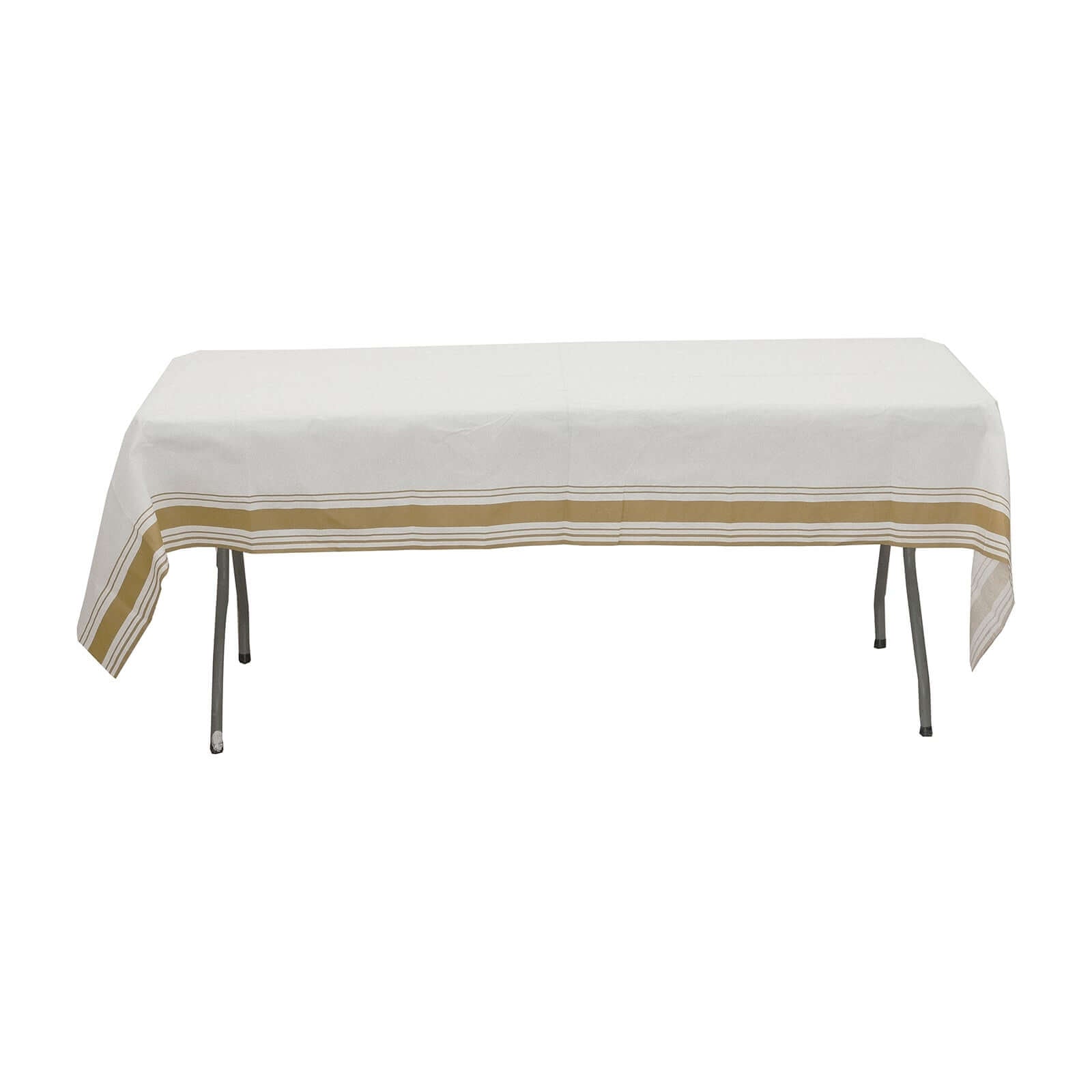 Linen - Like Paper 50"x108" Rectangle Tablecloth White - Disposable Airlaid Table Cover with Gold Striped Border - Bell Racket Store