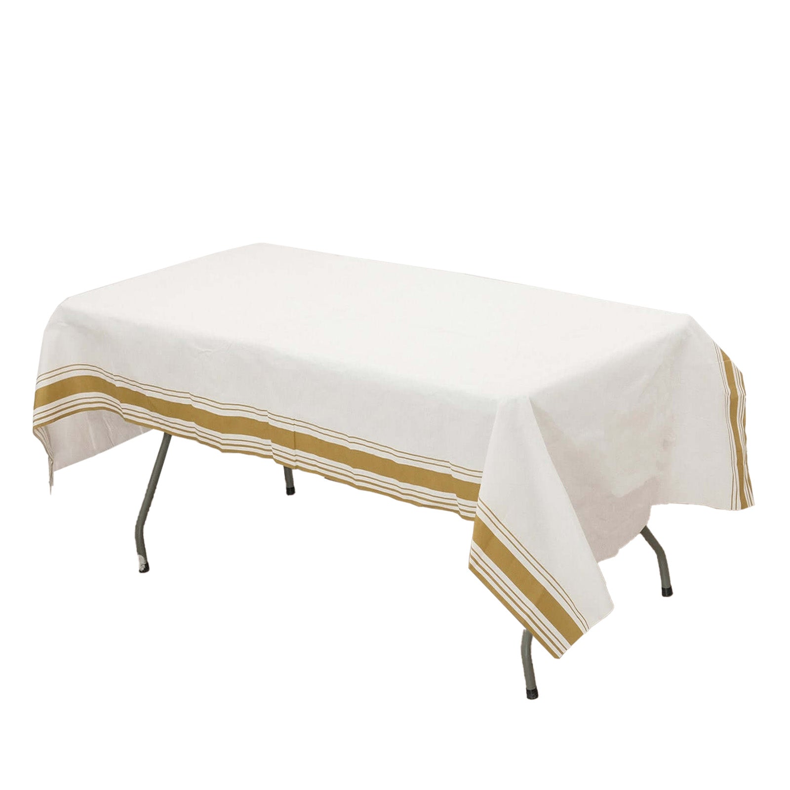 Linen - Like Paper 50"x108" Rectangle Tablecloth White - Disposable Airlaid Table Cover with Gold Striped Border - Bell Racket Store