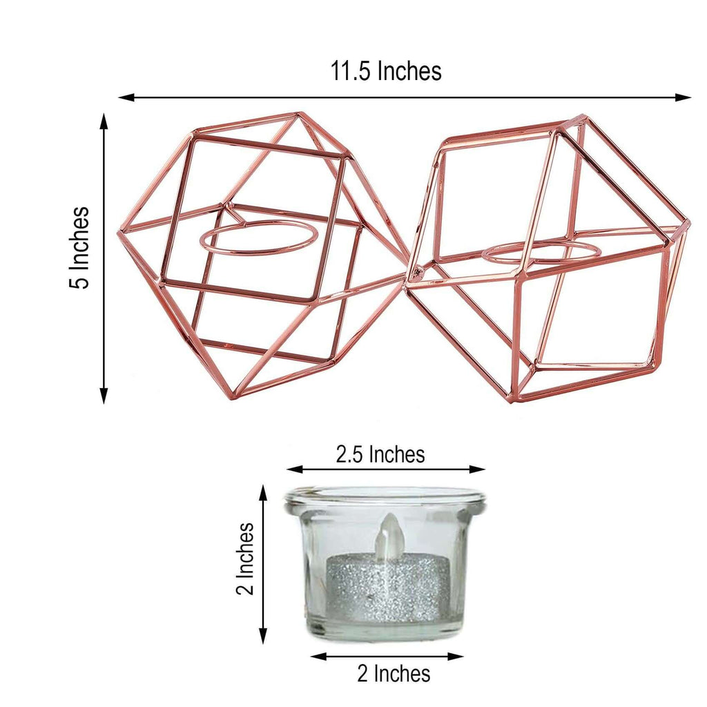 Set of Metal Candle Holders Linked Geometric Design Rose Gold - Modern Table Decor with Votive Glass for Gatherings 11"