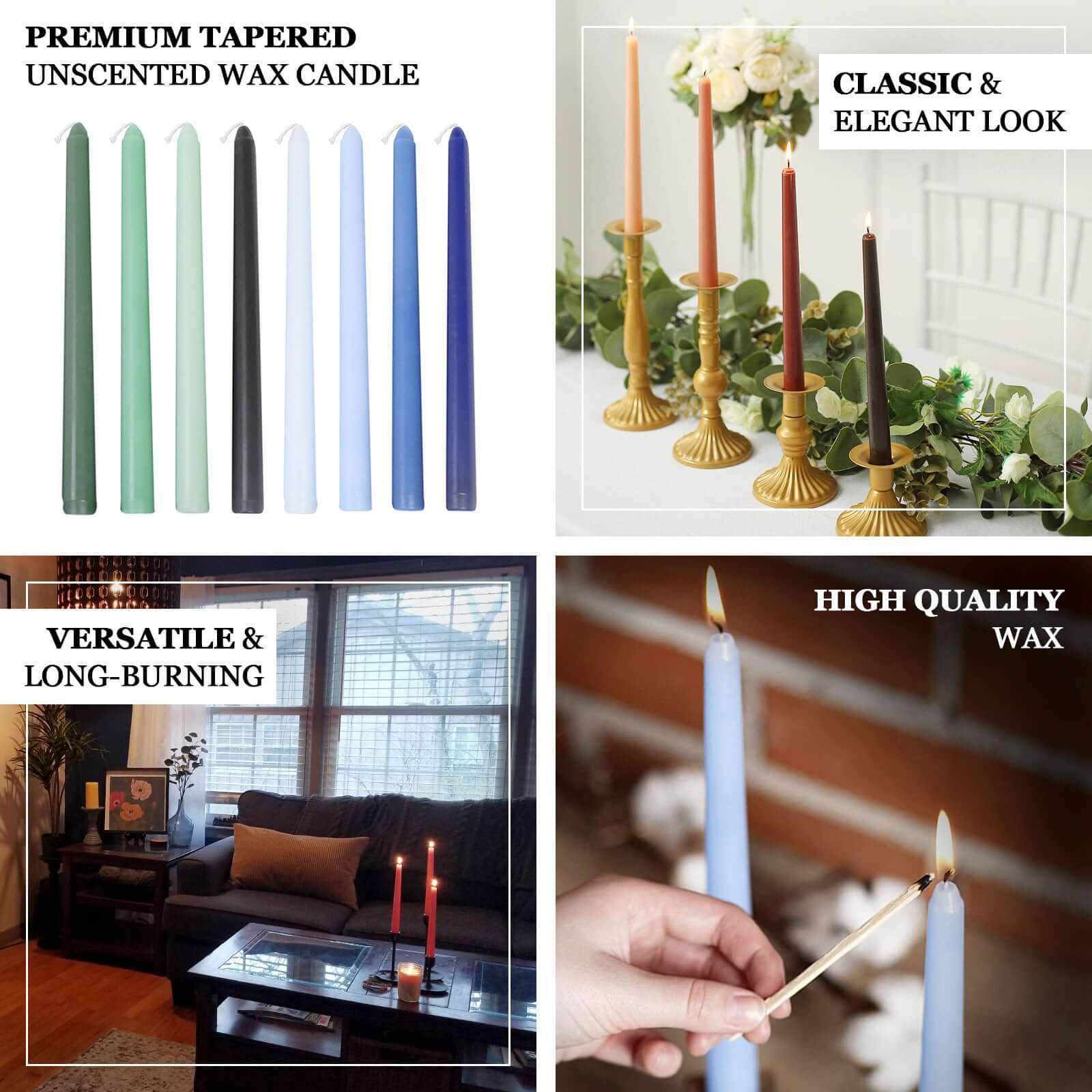 12-Pack Taper Candles Premium Wax Design Mixed Green - Unscented Candles for Sophisticated Decor 10"