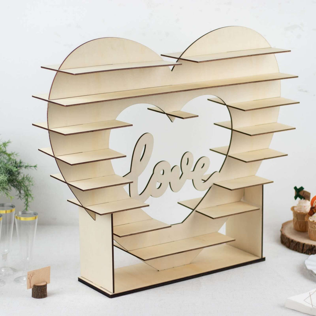 8-Layer Wooden Dessert Display Stand Heart Shaped Double Sided Design Natural - "Love" Cupcake Shelf Table Rack 26"
