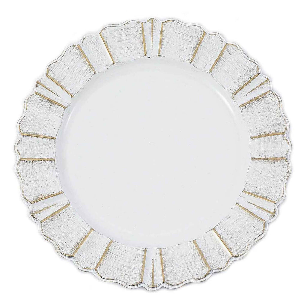 6-Pack Acrylic Plastic Round Charger Plates 13" in White with Gold Brushed Wavy Scalloped Rim, Decorative Dinner Party Charger Tableware