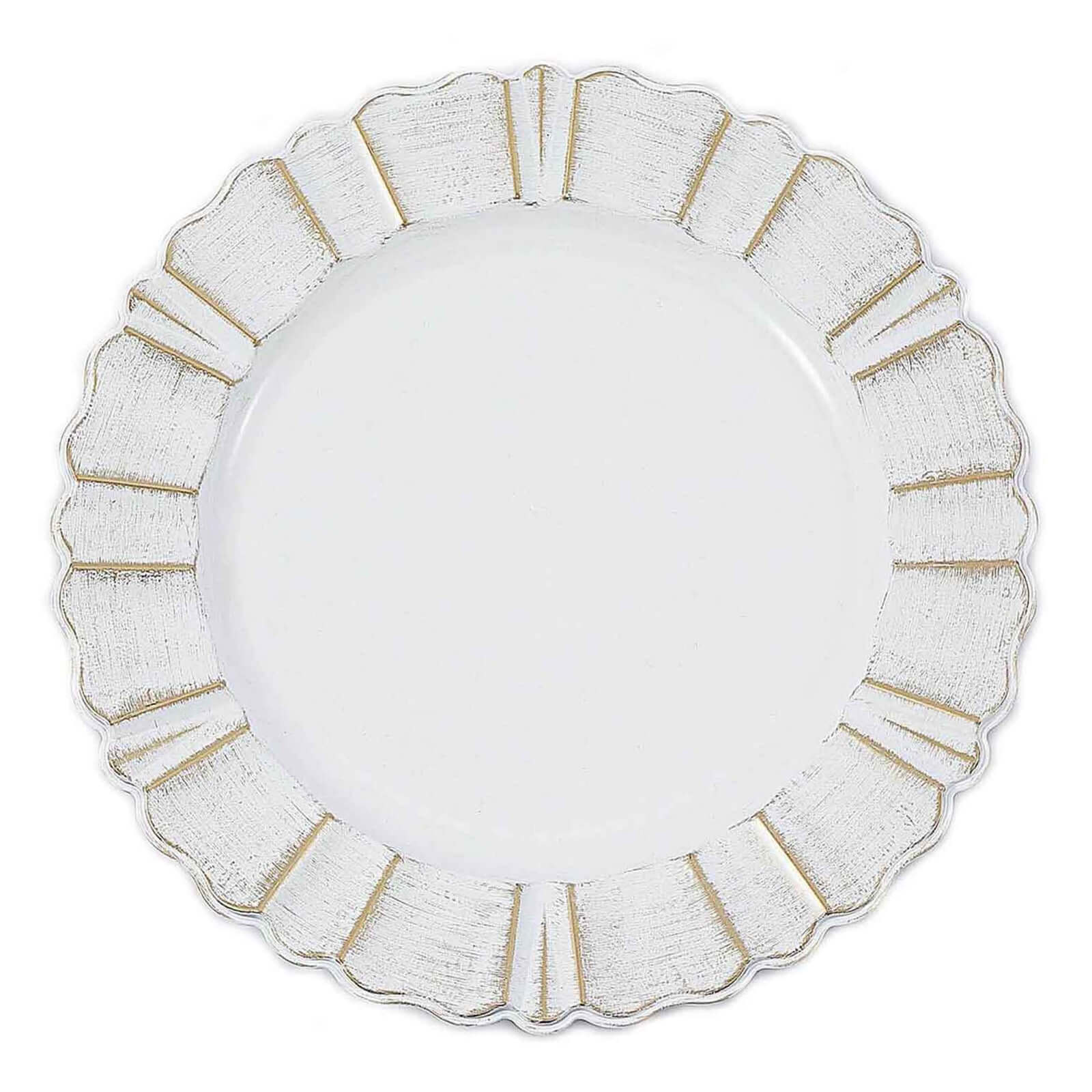6-Pack Acrylic Plastic Round Charger Plates 13" in White with Gold Brushed Wavy Scalloped Rim, Decorative Dinner Party Charger Tableware