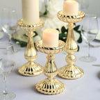 Set of 3 Candle Holder Stands Gold Mercury Glass Pillar Design - Stylish Votive Centerpieces for Tables & Decor 7", 8", 10"