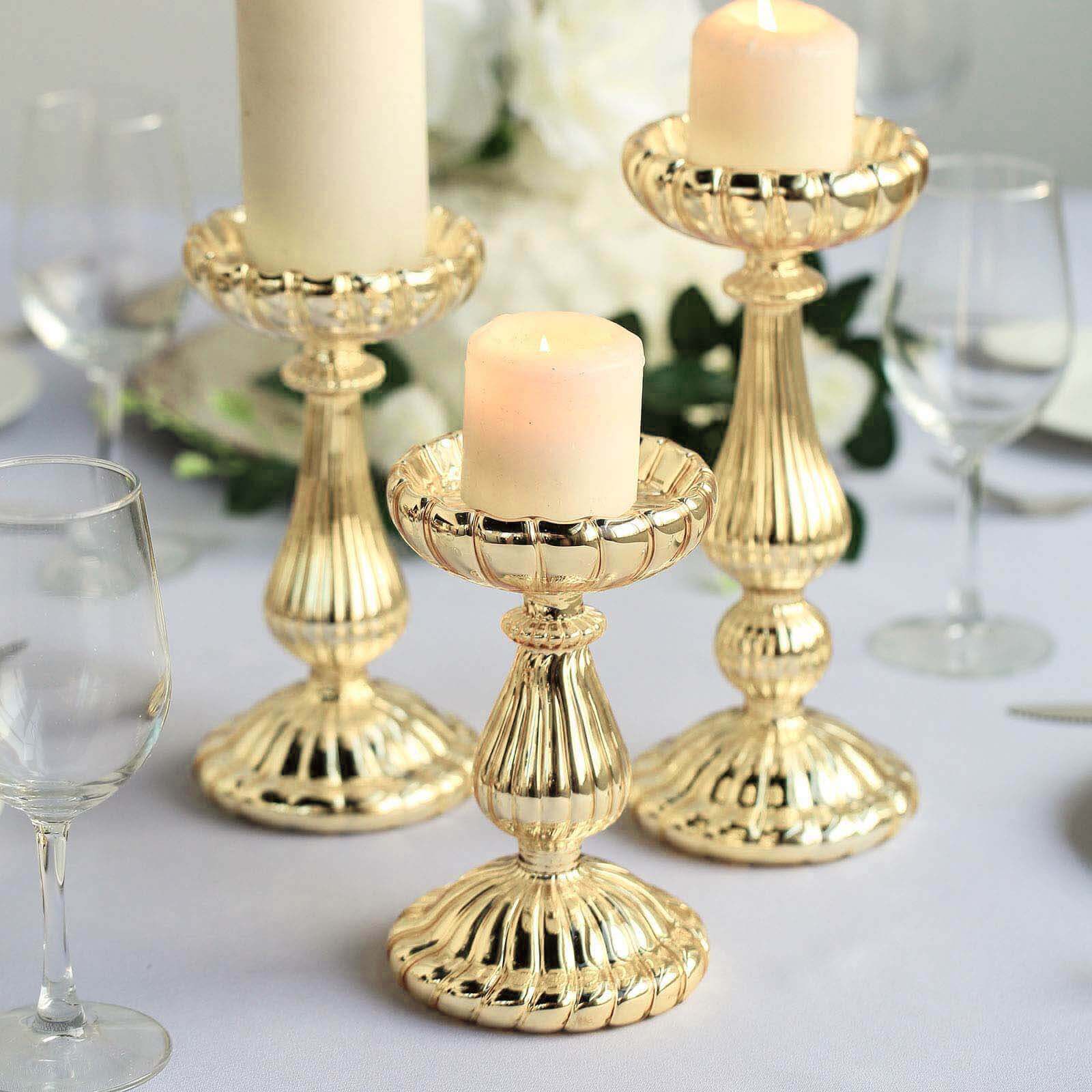 Set of 3 Candle Holder Stands Gold Mercury Glass Pillar Design - Stylish Votive Centerpieces for Tables & Decor 7", 8", 10"