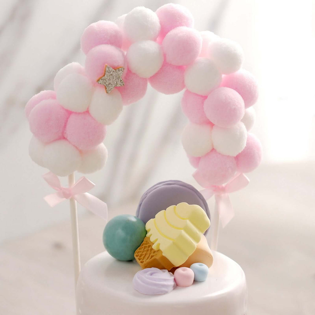Cotton Ball Arch Cake Topper Pink/White - Charming Mini Cake Decoration Supplies for Nautical Sky & Baby-Themed Events 6"x11"