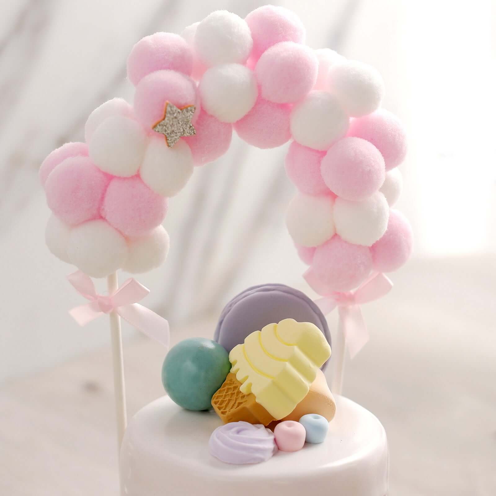 Cotton Ball Arch Cake Topper Pink/White - Charming Mini Cake Decoration Supplies for Nautical Sky & Baby-Themed Events 6"x11"