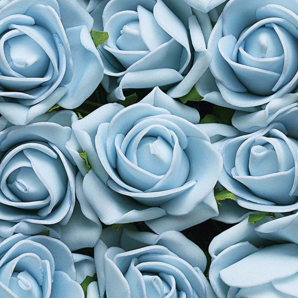 24 Roses 2" Dusty Blue Artificial Foam Flowers With Stem Wire and Leaves
