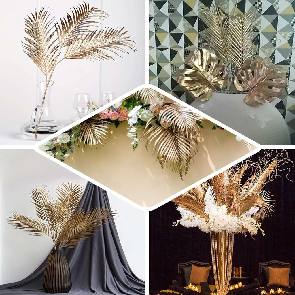 2 Stems Artificial Palm Leaf Branch Metallic Gold - Tropical Faux Stems Vase Filler Floral Backdrop Table Decor 32"