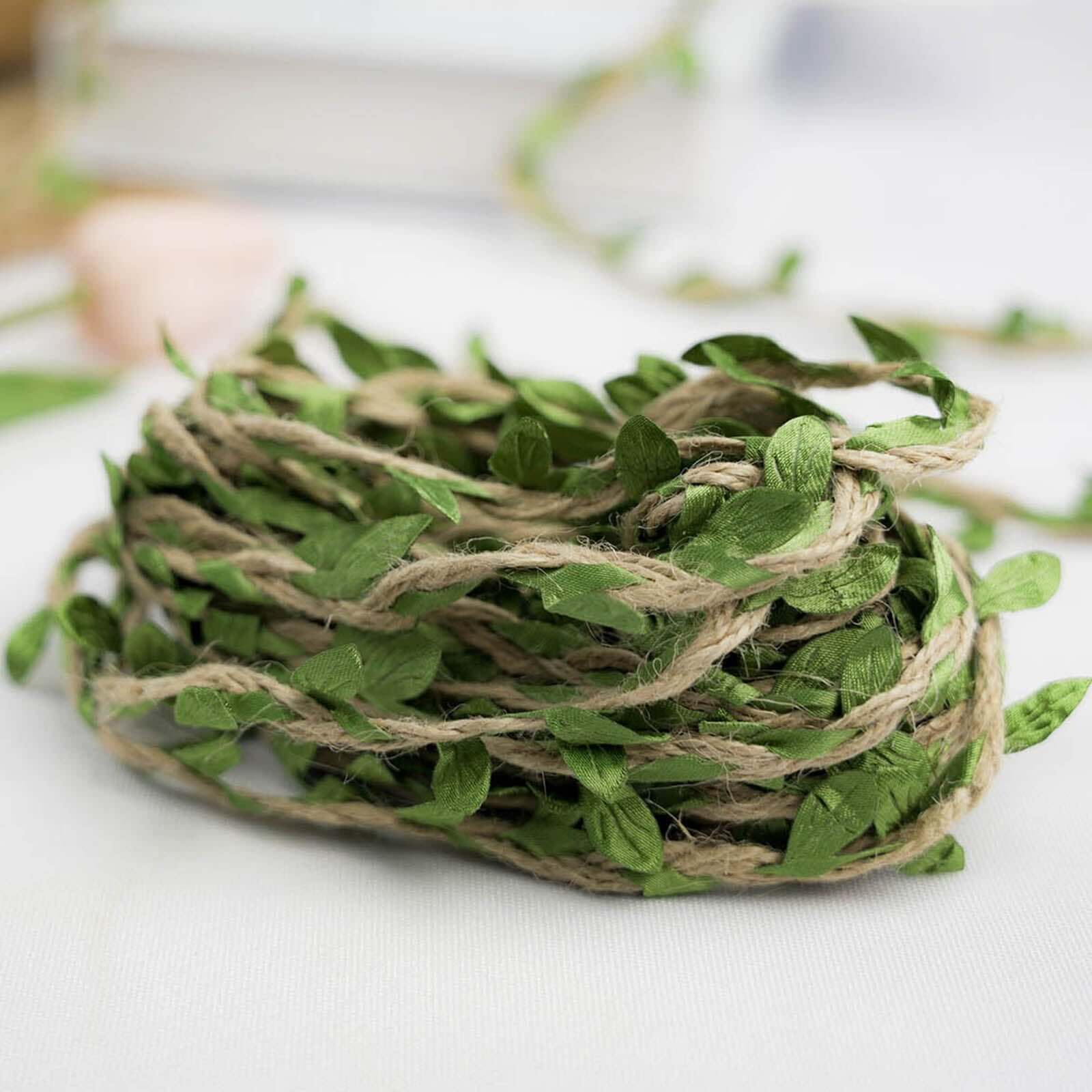 32FT Natural Jute Twine With Green Leaves, Burlap Leaf Ribbon For DIY Craft Party Wedding Home Decor