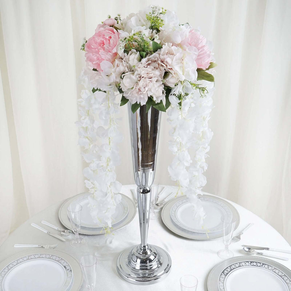 42" Silk Hanging Wisteria Flower Garland Vines in White, Elaborated 5 Full Strands in 1 Bush