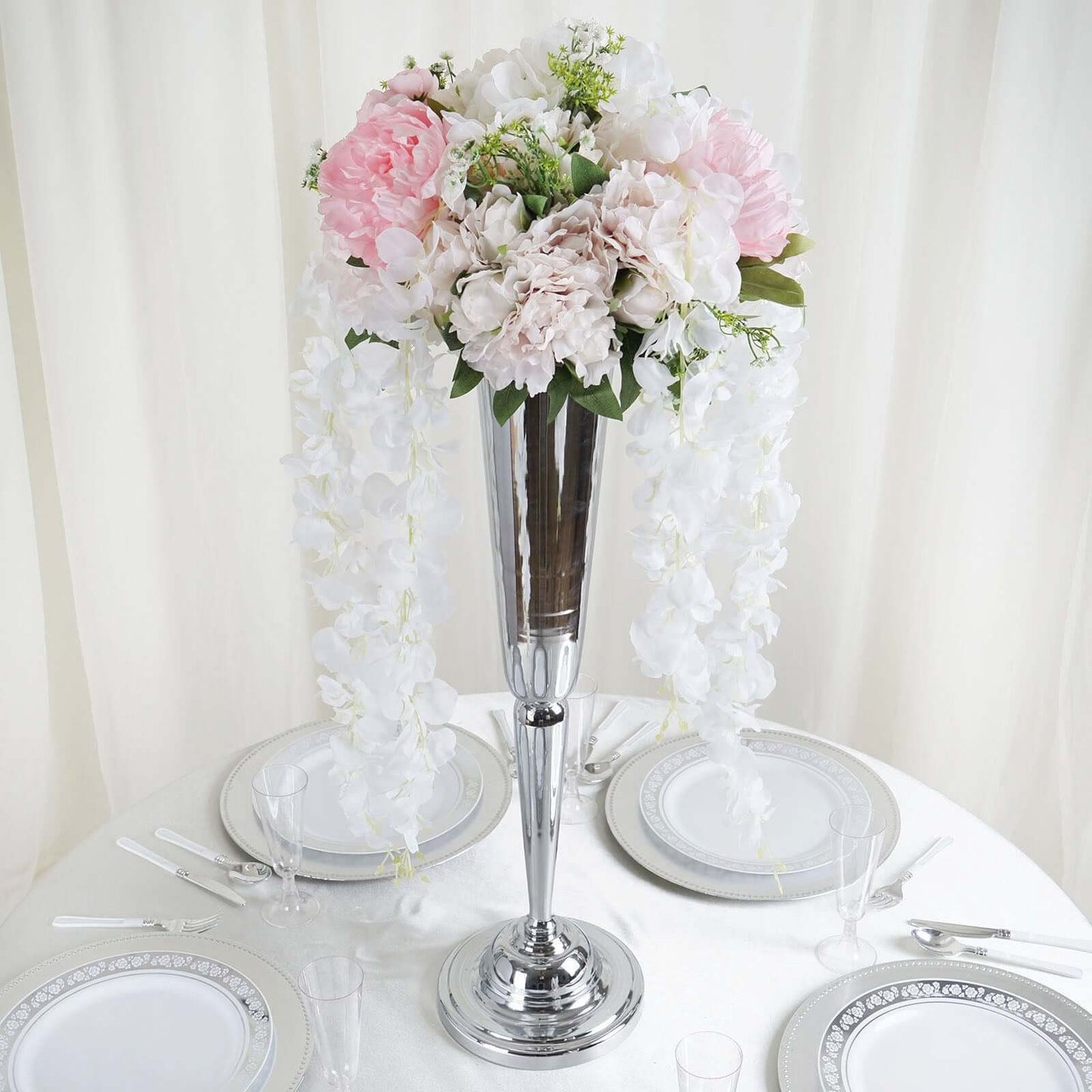 42" Silk Hanging Wisteria Flower Garland Vines in White, Elaborated 5 Full Strands in 1 Bush