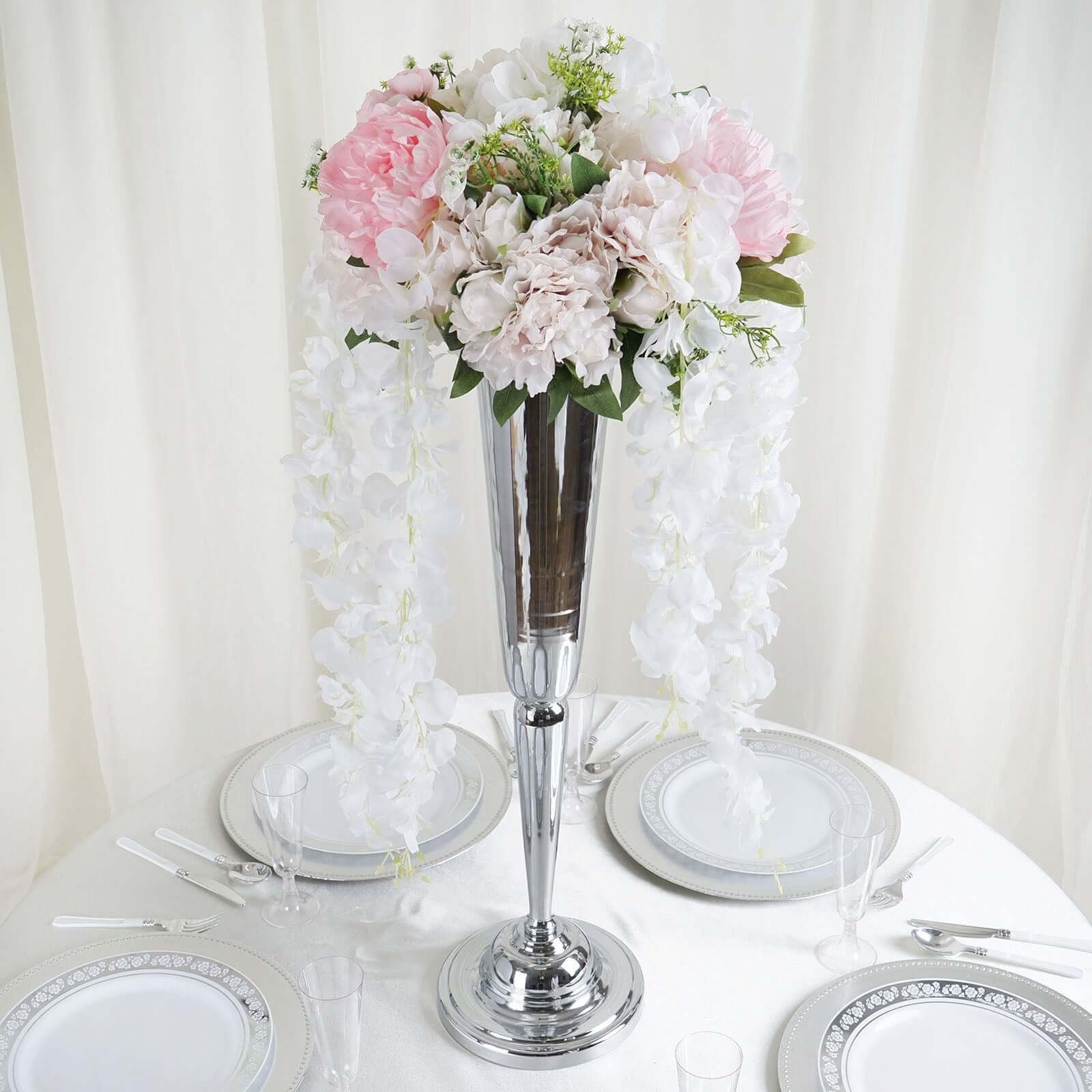 42" Silk Hanging Wisteria Flower Garland Vines in White, Elaborated 5 Full Strands in 1 Bush