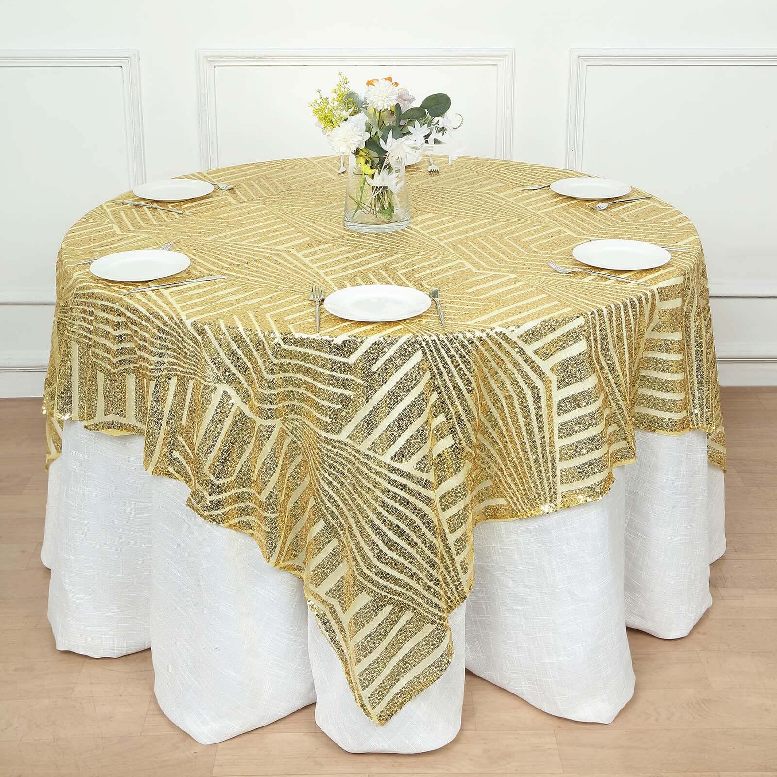 Sequin 72" Table Overlay Square Tablecloth Gold with Diamond Glitz Design - Perfect for Luxe Events